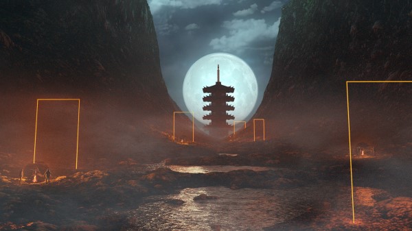 Cave Pagoda Moon Wallpaper