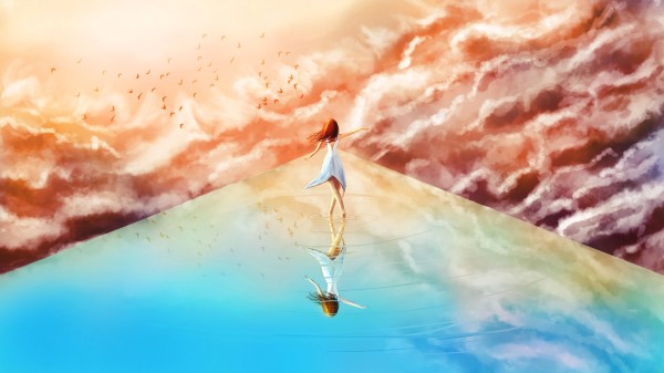 Girl Clouds Birds wallpaper