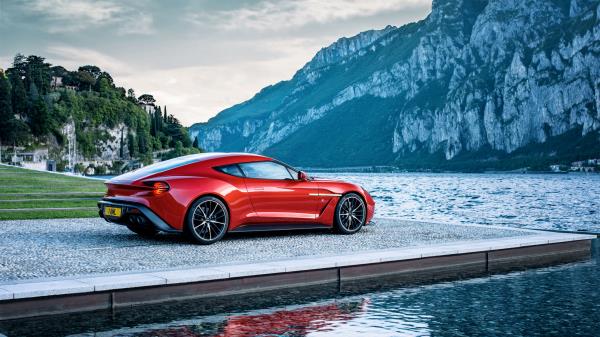 Aston Martin Vanquish Red Side View Mountain Lake Wallpaper
