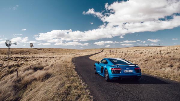 Audi R8 V10 Side View Blue Road Grass Wallpaper