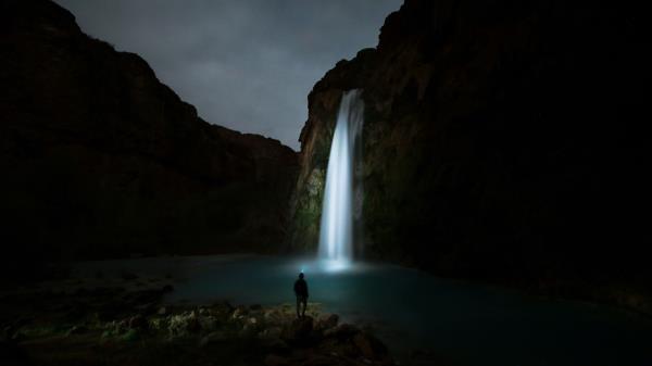 Waterfall Night Man River Wallpaper