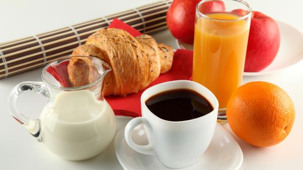 Breakfast Coffee Milk Orange Juice Croissant Apple Cup White Saucer Jug Wallpaper