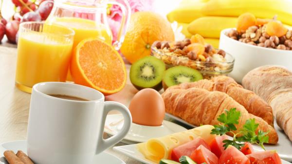 Breakfast Croissants Coffee Eggs Fruit Wallpaper