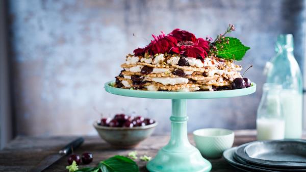 Cake Waffles Flower Berries Wallpaper