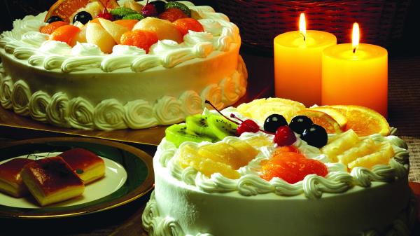 Cakes Steam Fruit Candles Biscuits Composition Wallpaper
