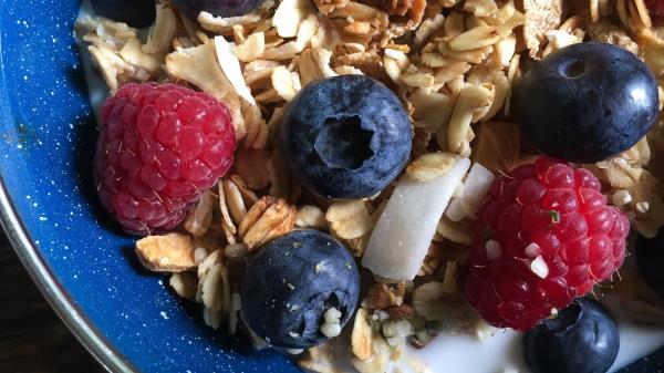 Cereal Granola Blueberries Raspberries Milk Wallpaper