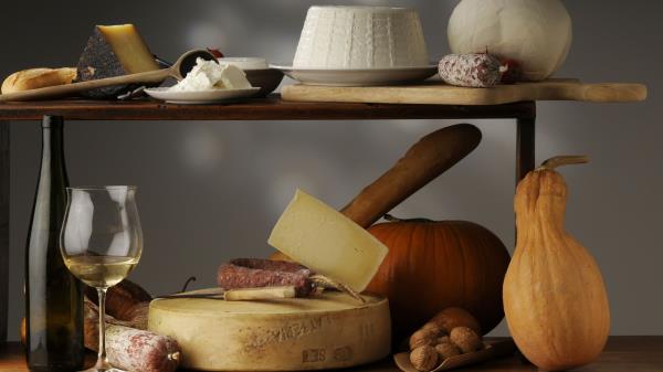 Cheese Sausage Nuts Bottle Wine Glass Gourds Still Life Wallpaper