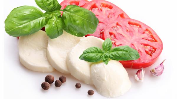 Cheese Tomatoes Cloves Leaves White Background Wallpaper