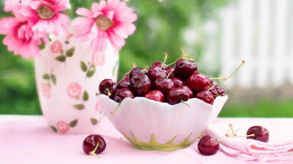 Cherries Cherry Dish Flowers Wallpaper