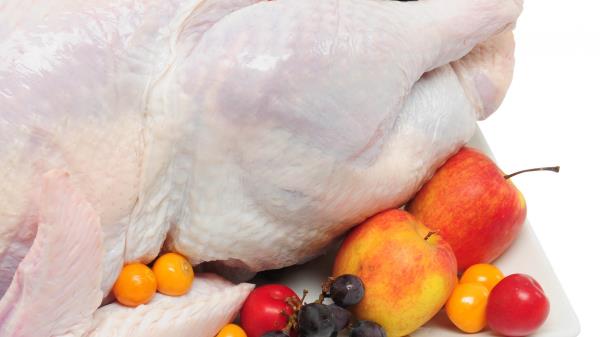 Chicken Plaque Food Fruits Greens White Background Wallpaper