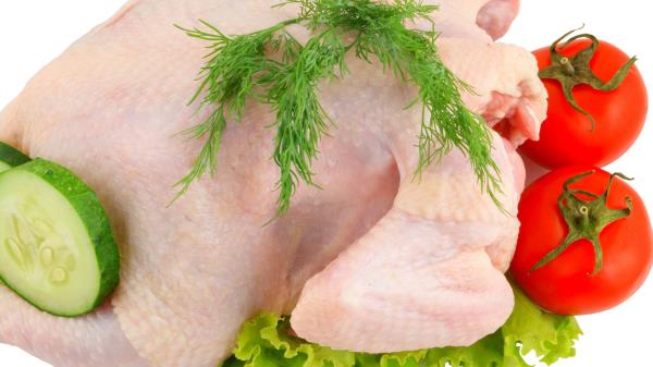 Chicken White Background Vegetables Slices Cucumbers Tomatoes Herbs Wallpaper