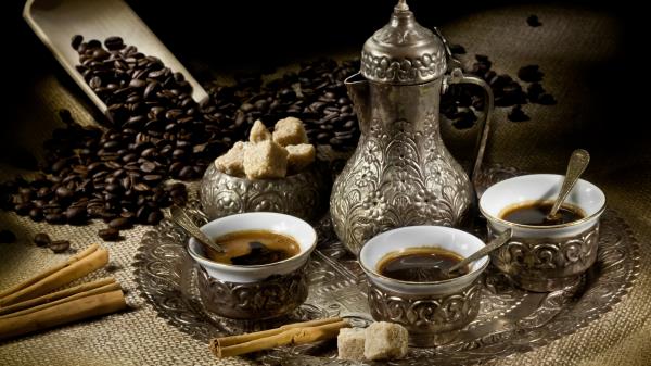 Coffee Tea Cups Grains Tray Cinnamon Spatula Sugar wallpaper