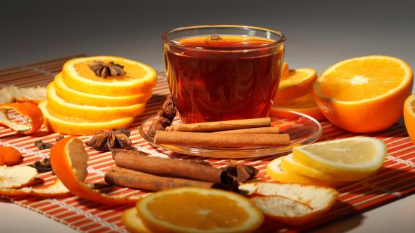 Cup Tea Glass Oranges Cinnamon Peel Vanilla wallpaper