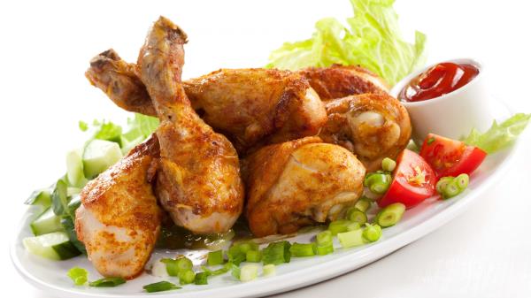 Dish Chicken Legs Lettuce Onions Tomatoes White Background wallpaper