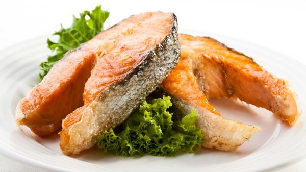 Fish Meat Plate Green White Background wallpaper