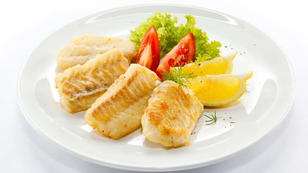 Fish Plate Cloves Lemon Tomato Cabbage White Background wallpaper
