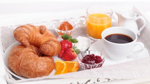 Food Breakfast Coffee Juice Bagels Jam White Background Tray Wallpaper