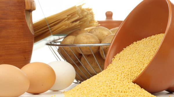 Food Table Eggs Pasta Potatoes Cereals Porridge White Background wallpaper