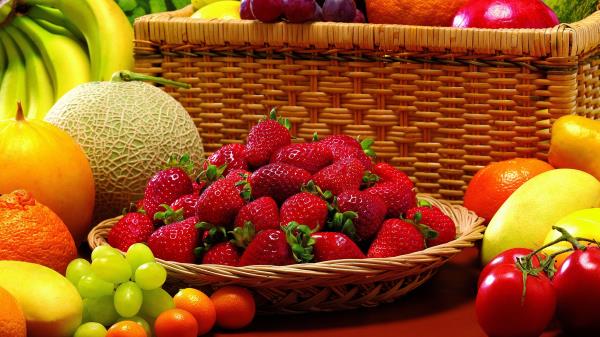 Fruit Allsorts Strawberry Melon Grapes Orange Tangerine Pomegranate Tomatoes Basket wallpaper