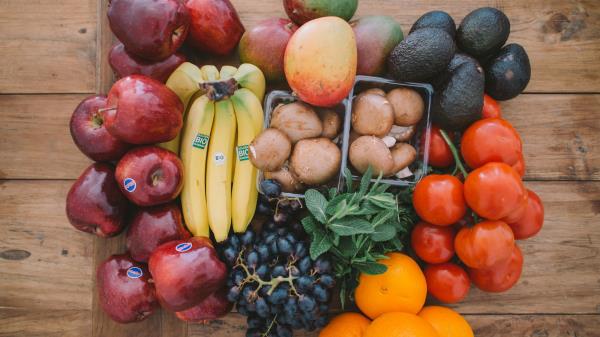 Fruit Bananas Grapes Oranges Mushrooms Avocado wallpaper