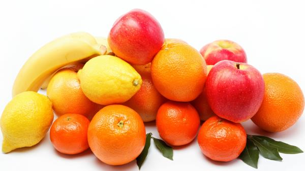 Fruits White Background A Lot Of Oranges Tangerines Apples Bananas Lemons wallpaper