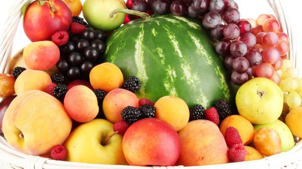 Grapes Watermelon Peaches Apples Food Fruit Basket wallpaper