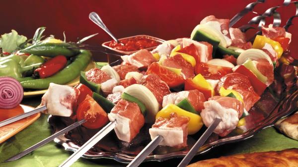 Kebabs Meat Skewers Plate Greens Table wallpaper