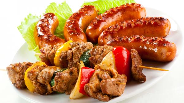 Kebabs Sausages Cabbage Plate White Background wallpaper