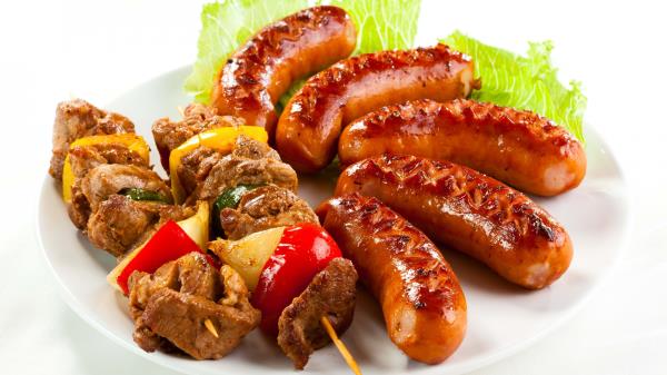 Kebabs Sausages Herbs Plate White Background wallpaper