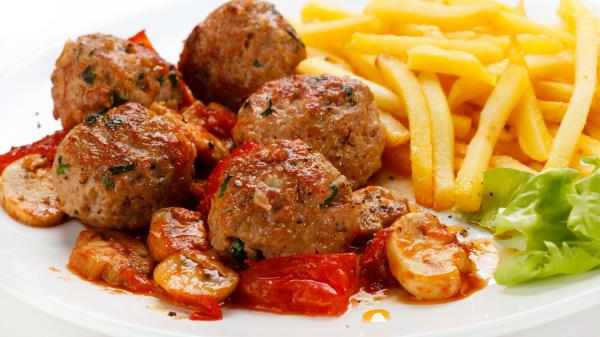 Meatballs Potatoes Mushrooms Plate White Background wallpaper