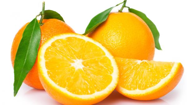 Oranges Cut Slice Leaves White Background wallpaper