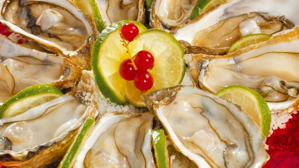 Oysters Plate Dish Lemon Cloves wallpaper