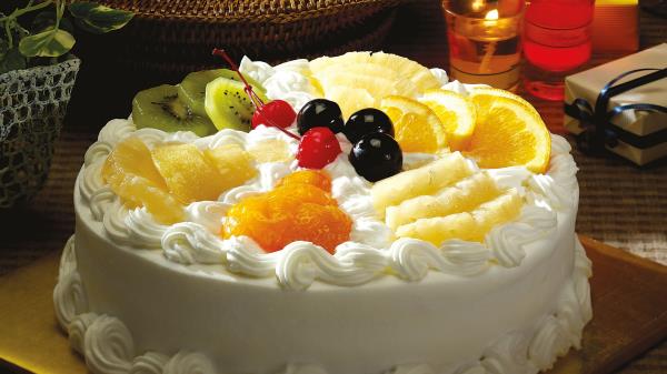 Pie Cream Fruit Berries Sweet Dessert Cherry Orange Kiwi wallpaper