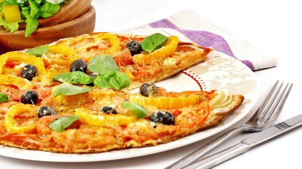 Pizza Vegetables Fork Knife Green White Olives wallpaper