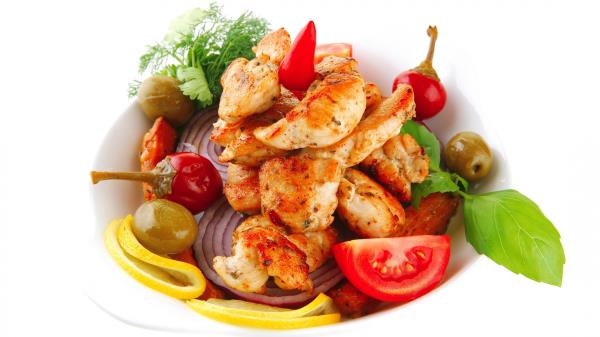 Plate Fruit Meat Vegetables White Background Wallpaper