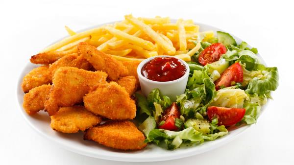 Plate Lettuce Ketchup Meat Potatoes White Background wallpaper