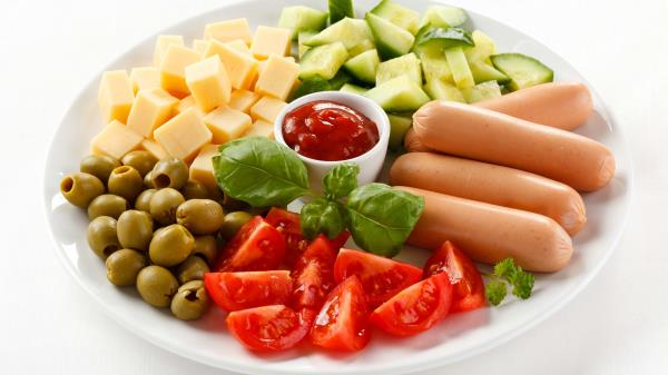 Plate Slices Cheese Sausages Olives Tomatoes Cucumbers Ketchup Leaves Wallpaper