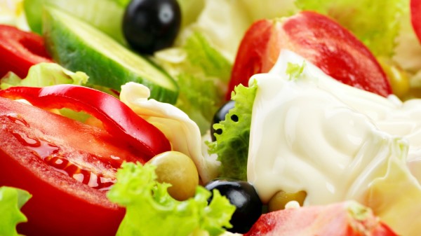 Salad Vegetables Mayonnaise Olives Close Up Wallpaper