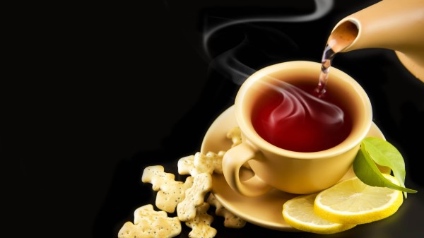 Tea Cup Tea Leaves Stem Lemon Biscuits Black Background Leaves Wallpaper