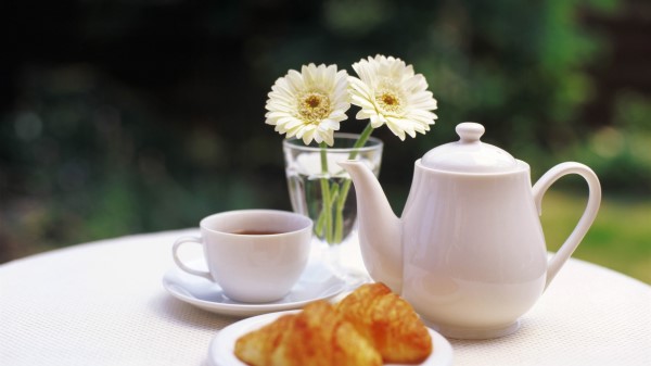 Tea Table Garden Tea Leaves Flowers Cup Glass Biscuits wallpaper