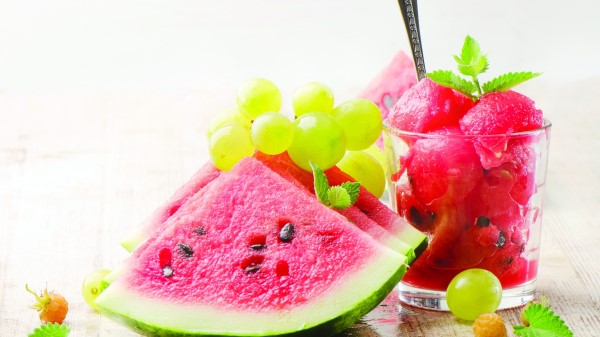 Watermelon Grapes Raspberries Leaves Glass Spoon wallpaper