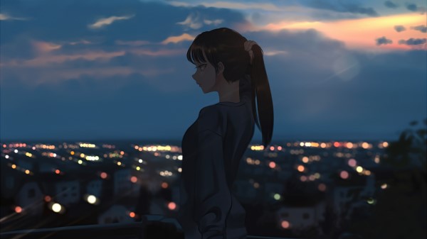 Anime Girls Cityscape Brunette Tying Pony Tail Oq Wallpaper