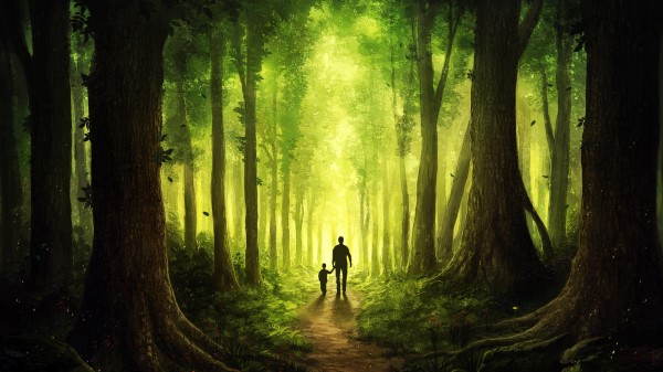 Children Walking With Dad Journey To Forest Wallpaper