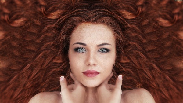 Women Redhead Face Long Hair Curly Hair Look 8k wallpaper