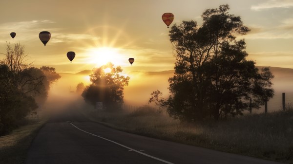 Balloons Road Fog Wallpaper