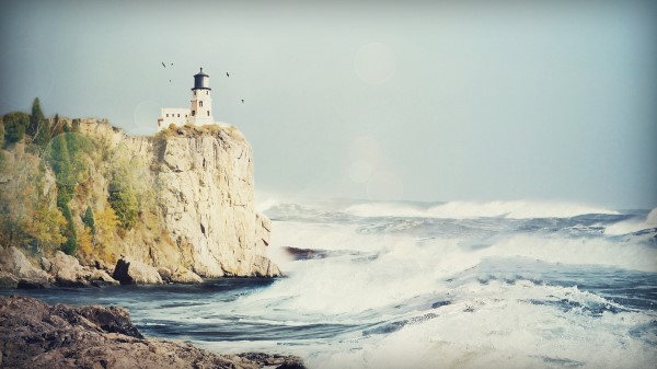 Beacon Rock Birds Storm Sea wallpaper
