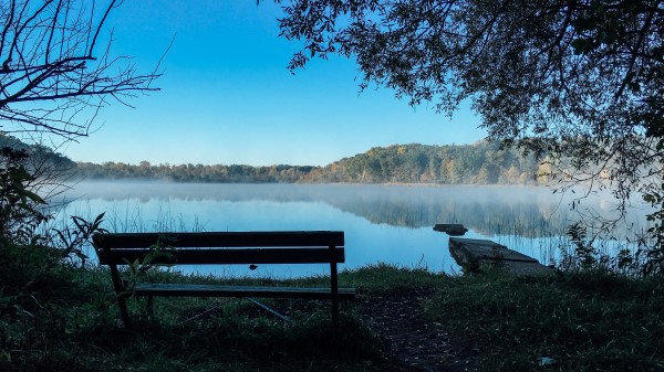 Bench Lake Landscape Trees Wallpaper