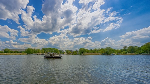 Berlin Koepenick River Boat Sky Clouds Wallpaper