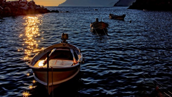 Boat Sea Sunset Water Shine Wallpaper