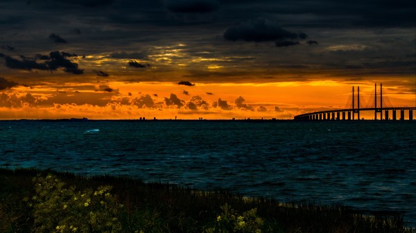 Bridge Pond Sunset Clouds Wallpaper